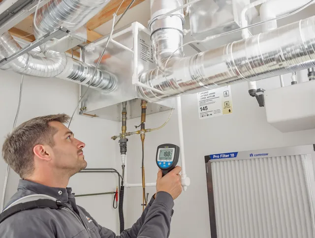 Concord Air Duct Cleaning expert conducting detailed filter system inspection using diagnostic tools in Concord